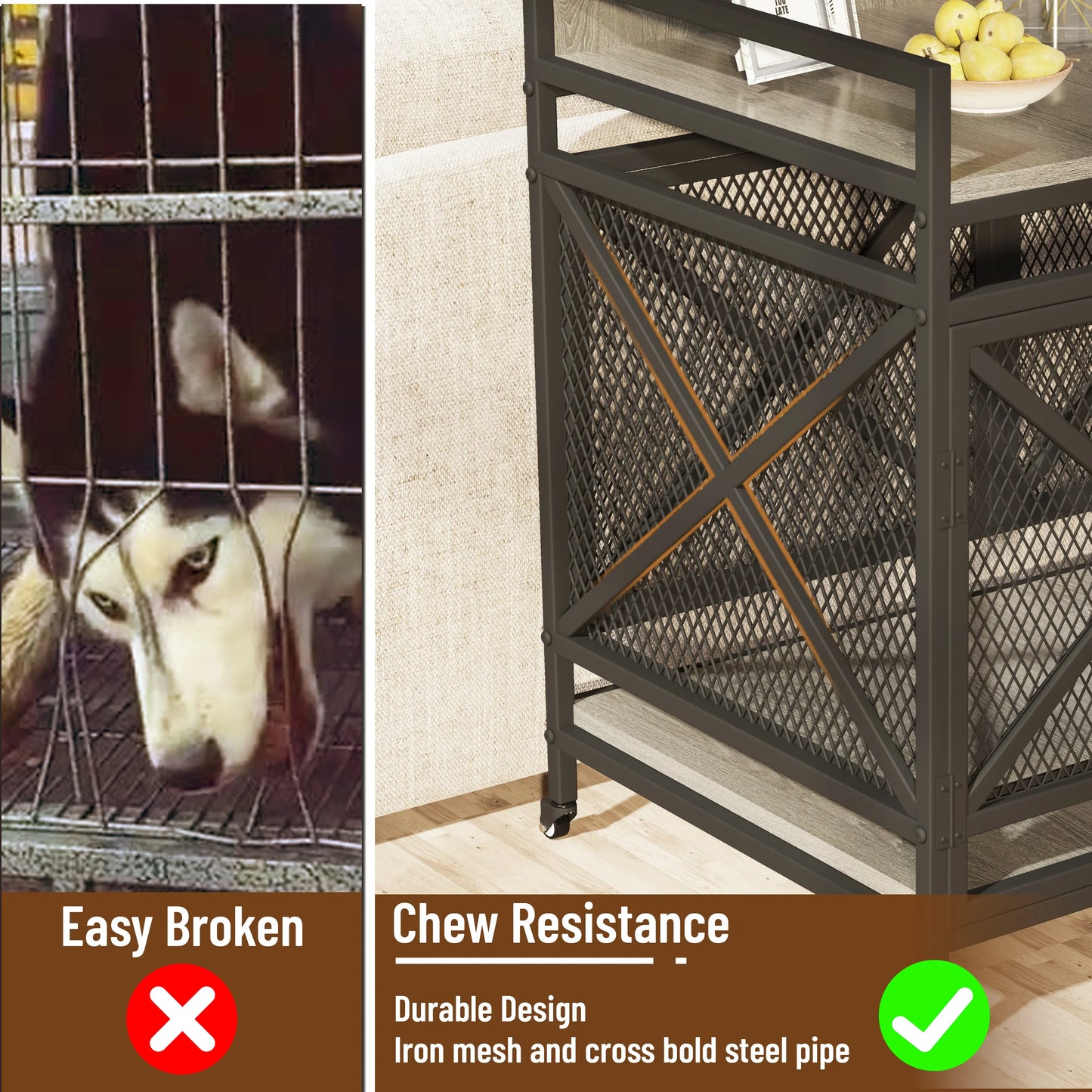COZPAW Large Wooden Dog Crate Furniture - Stylish, Heavy Duty Indoor Kennel for Extra Large Dogs with Caster Wheels