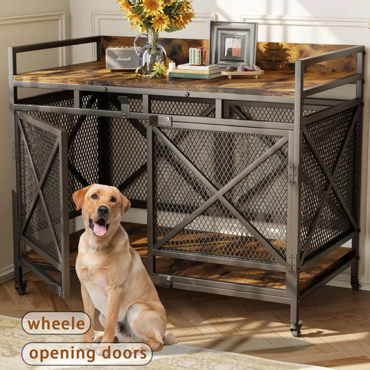COZPAW Large Wooden Dog Crate Furniture - Stylish, Heavy Duty Indoor Kennel for Extra Large Dogs with Caster Wheels