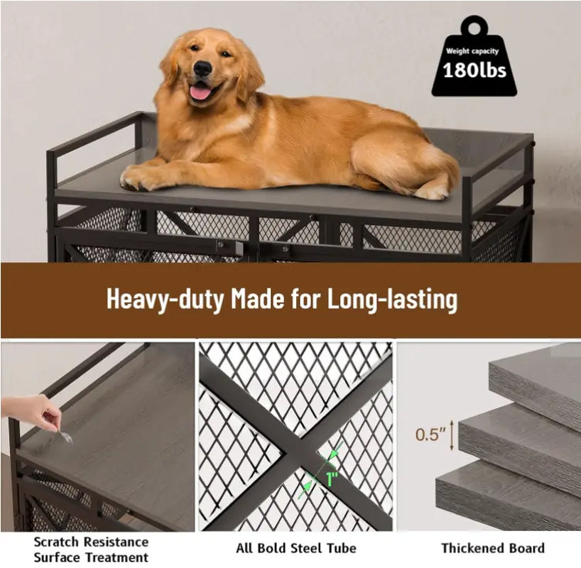 COZPAW Large Wooden Dog Crate Furniture - Stylish, Heavy Duty Indoor Kennel for Extra Large Dogs with Caster Wheels