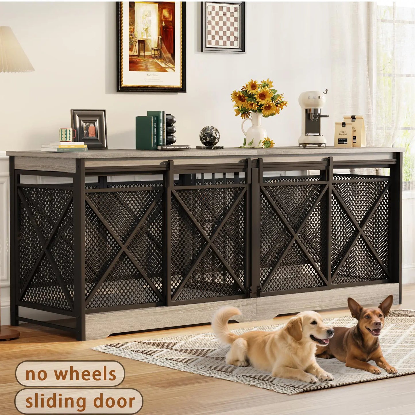 COZPAW Large Wooden Dog Crate Furniture - Stylish, Heavy Duty Indoor Kennel for Extra Large Dogs with Caster Wheels