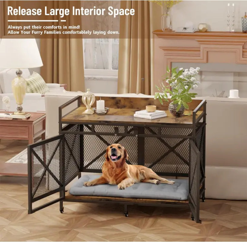 COZPAW Large Wooden Dog Crate Furniture - Stylish, Heavy Duty Indoor Kennel for Extra Large Dogs with Caster Wheels