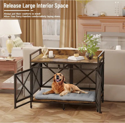 COZPAW Large Wooden Dog Crate Furniture - Stylish, Heavy Duty Indoor Kennel for Extra Large Dogs with Caster Wheels