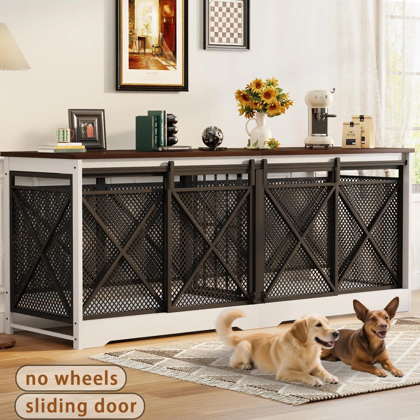 COZPAW Large Wooden Dog Crate Furniture - Stylish, Heavy Duty Indoor Kennel for Extra Large Dogs with Caster Wheels