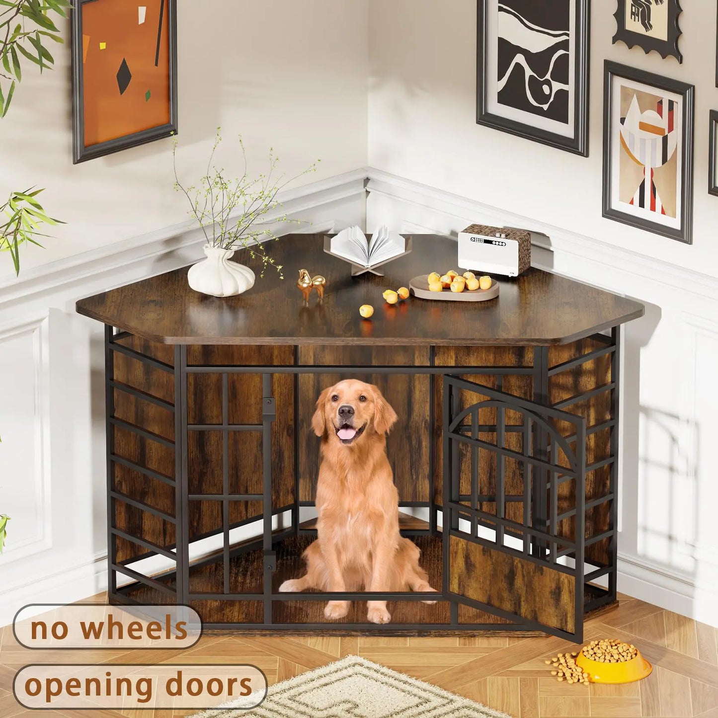 COZPAW Large Wooden Dog Crate Furniture - Stylish, Heavy Duty Indoor Kennel for Extra Large Dogs with Caster Wheels