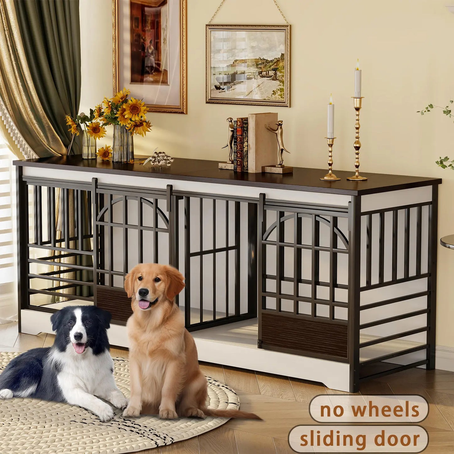 COZPAW Large Wooden Dog Crate Furniture - Stylish, Heavy Duty Indoor Kennel for Extra Large Dogs with Caster Wheels