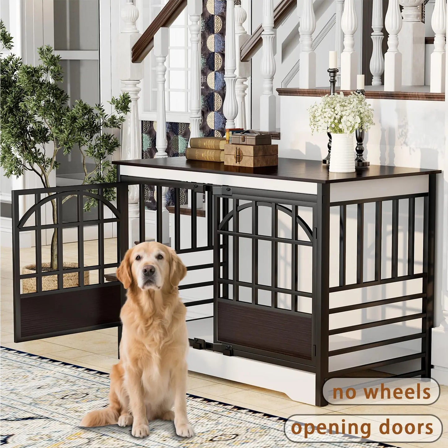 COZPAW Large Wooden Dog Crate Furniture - Stylish, Heavy Duty Indoor Kennel for Extra Large Dogs with Caster Wheels