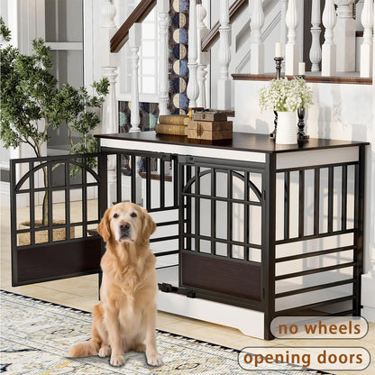 COZPAW Large Wooden Dog Crate Furniture - Stylish, Heavy Duty Indoor Kennel for Extra Large Dogs with Caster Wheels