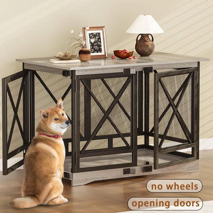 COZPAW Large Wooden Dog Crate Furniture - Stylish, Heavy Duty Indoor Kennel for Extra Large Dogs with Caster Wheels
