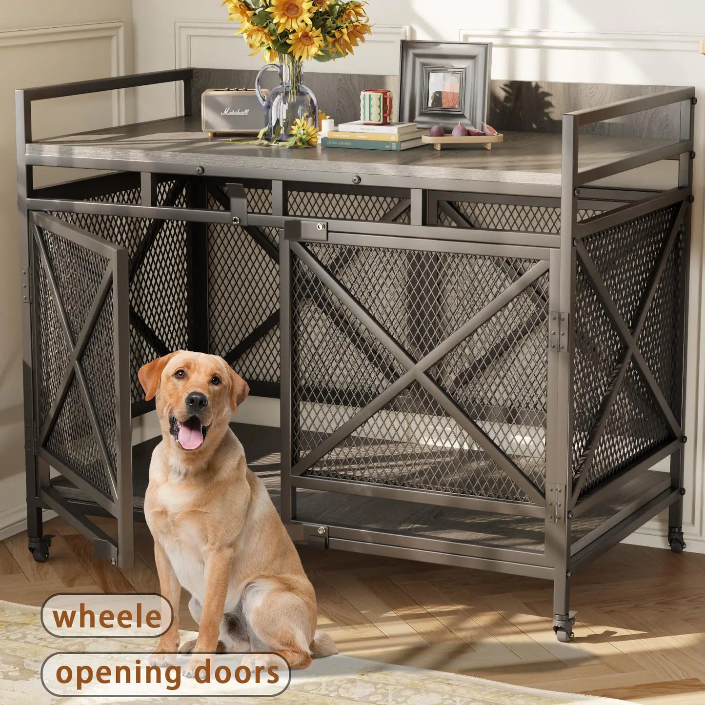 COZPAW Large Wooden Dog Crate Furniture - Stylish, Heavy Duty Indoor Kennel for Extra Large Dogs with Caster Wheels