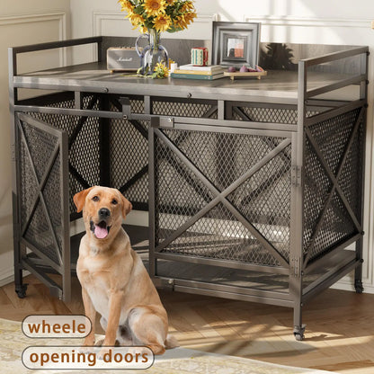 COZPAW Large Wooden Dog Crate Furniture - Stylish, Heavy Duty Indoor Kennel for Extra Large Dogs with Caster Wheels