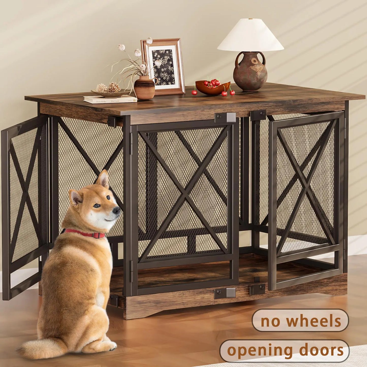 COZPAW Large Wooden Dog Crate Furniture - Stylish, Heavy Duty Indoor Kennel for Extra Large Dogs with Caster Wheels