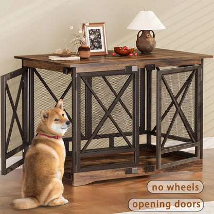 COZPAW Large Wooden Dog Crate Furniture - Stylish, Heavy Duty Indoor Kennel for Extra Large Dogs with Caster Wheels