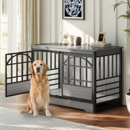 COZPAW Large Wooden Dog Crate Furniture - Stylish, Heavy Duty Indoor Kennel for Extra Large Dogs with Caster Wheels