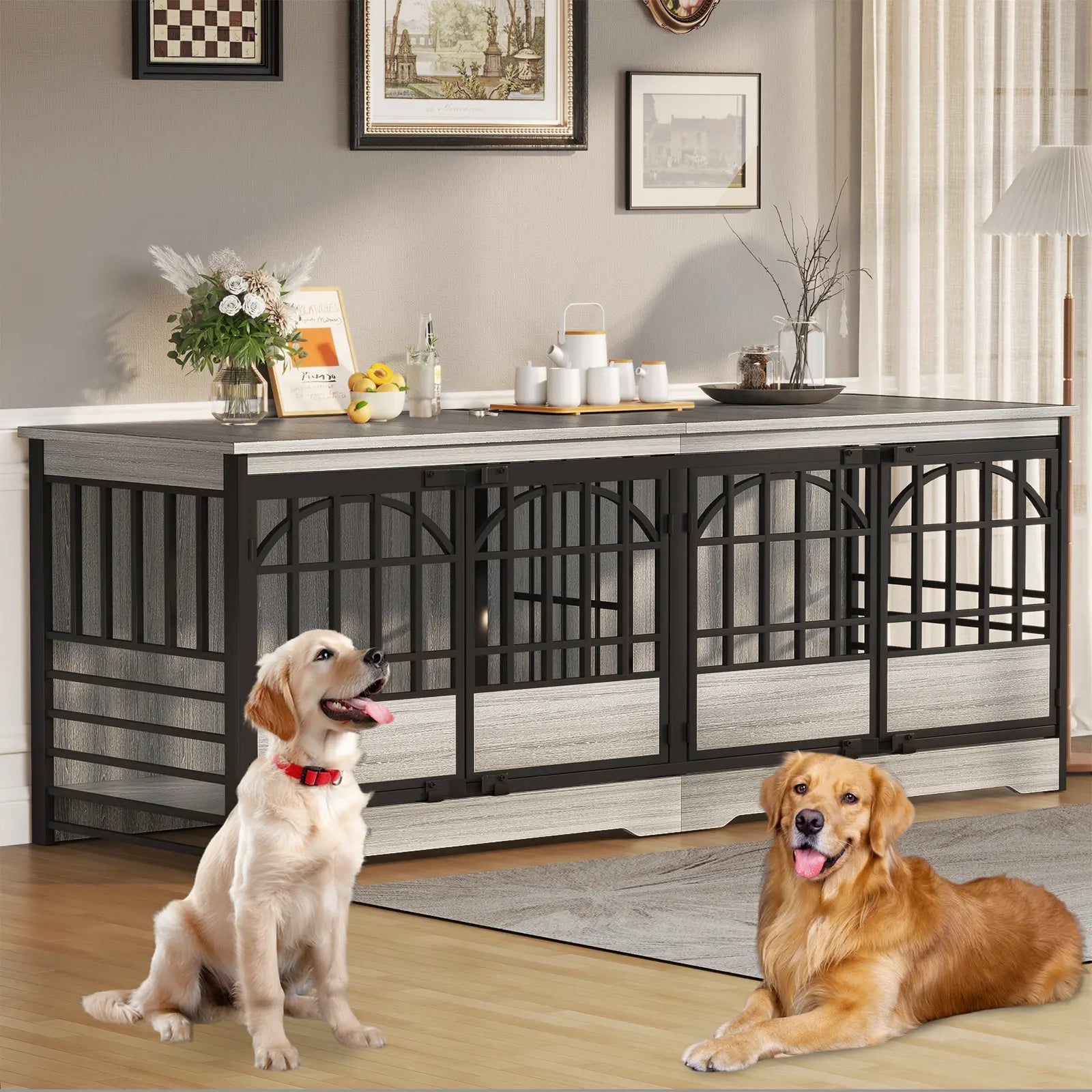 COZPAW Large Wooden Dog Crate Furniture - Stylish, Heavy Duty Indoor Kennel for Extra Large Dogs with Caster Wheels