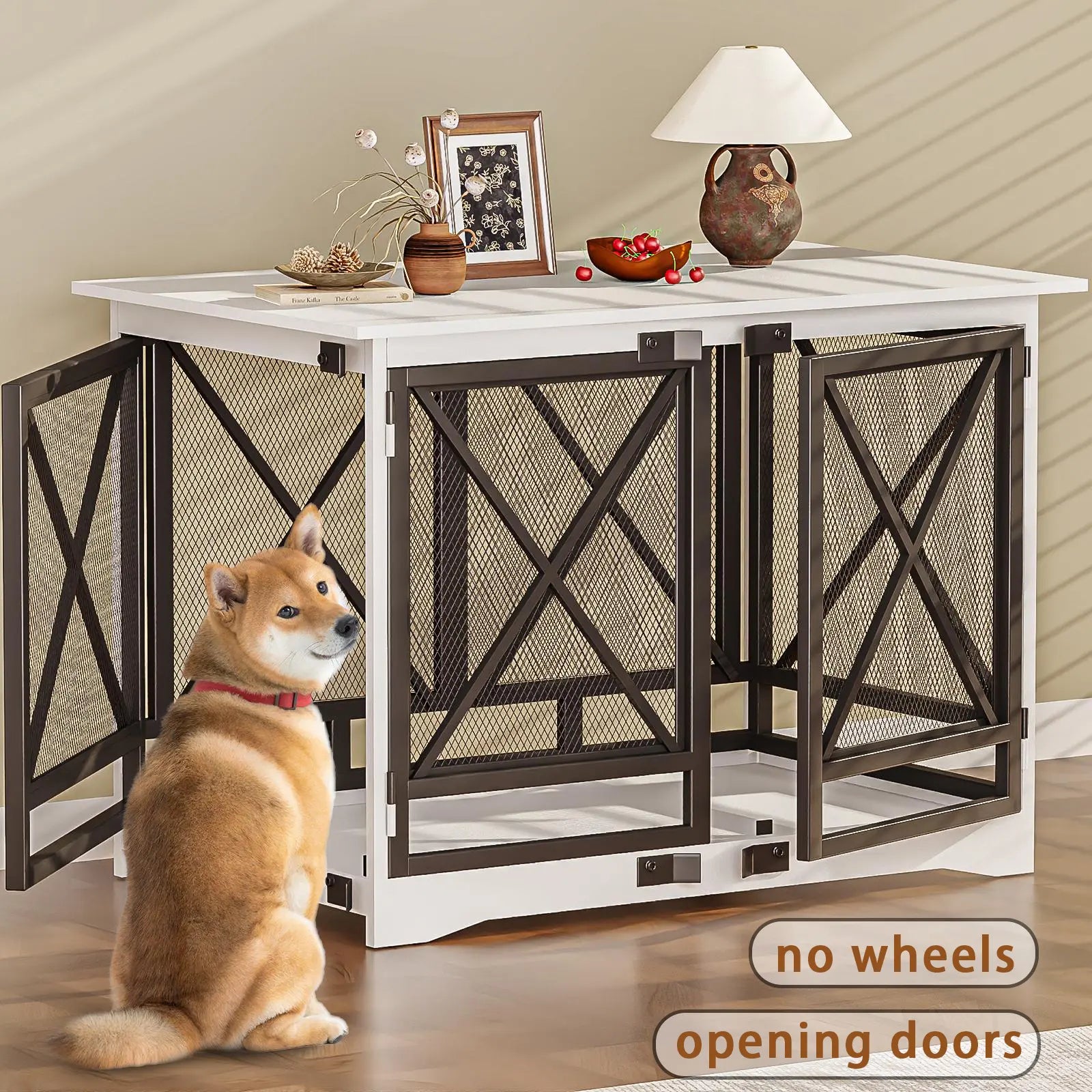 COZPAW Large Wooden Dog Crate Furniture - Stylish, Heavy Duty Indoor Kennel for Extra Large Dogs with Caster Wheels