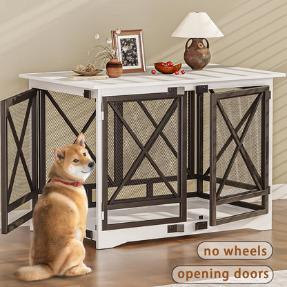 COZPAW Large Wooden Dog Crate Furniture - Stylish, Heavy Duty Indoor Kennel for Extra Large Dogs with Caster Wheels