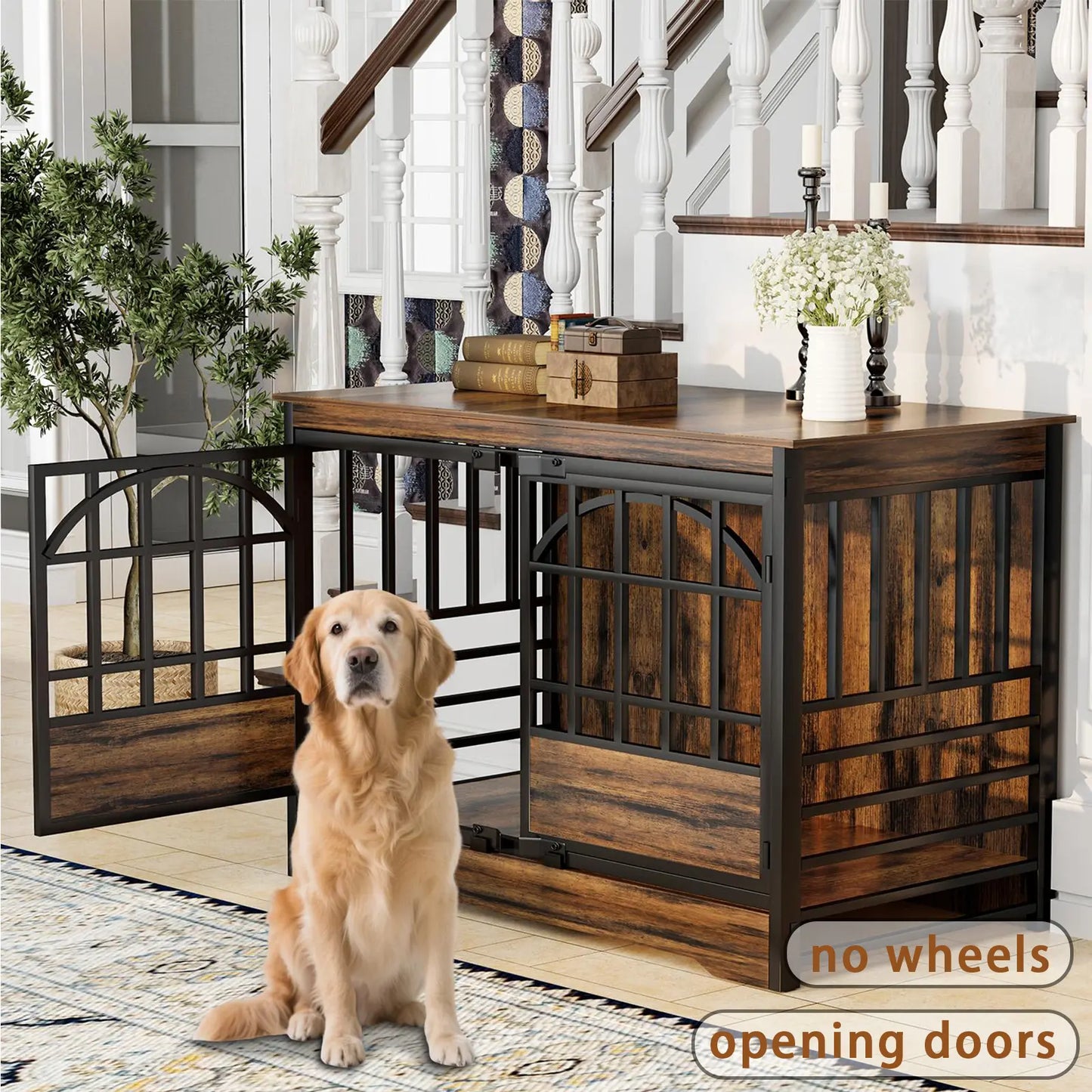 COZPAW Large Wooden Dog Crate Furniture - Stylish, Heavy Duty Indoor Kennel for Extra Large Dogs with Caster Wheels