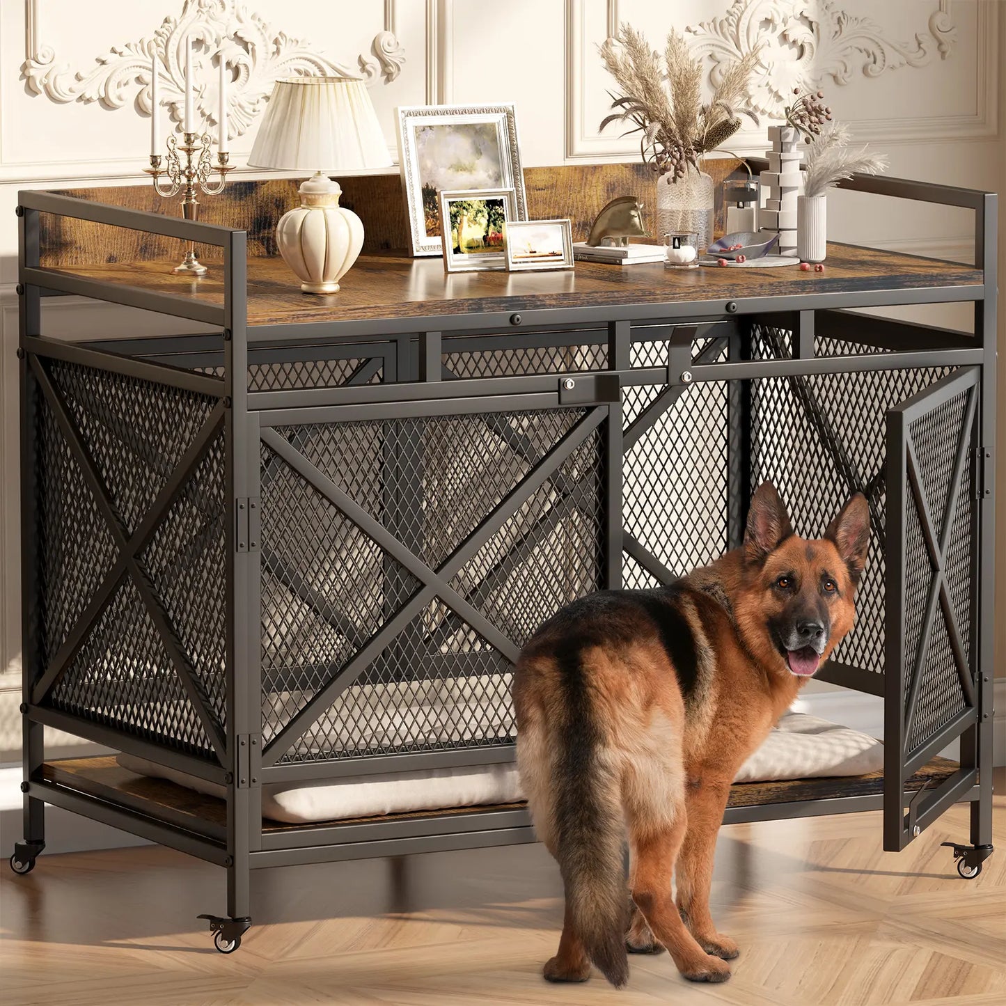COZPAW Large Wooden Dog Crate Furniture - Stylish, Heavy Duty Indoor Kennel for Extra Large Dogs with Caster Wheels