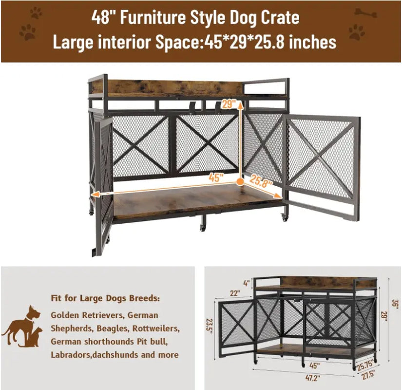 COZPAW Large Wooden Dog Crate Furniture - Stylish, Heavy Duty Indoor Kennel for Extra Large Dogs with Caster Wheels