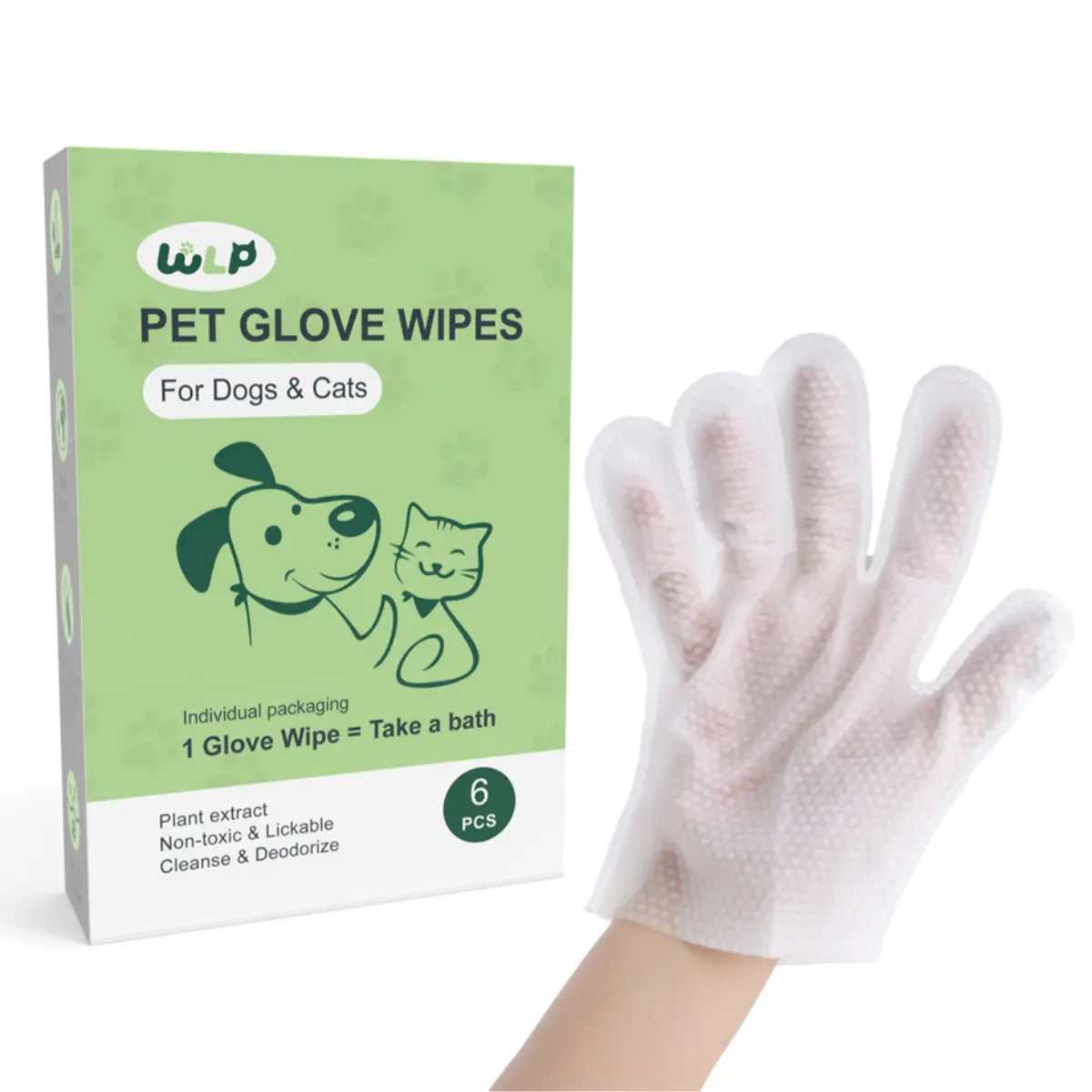 WLP Hypoallergenic Pet Glove Wipes for Dogs and Cats - No-Rinse Grooming and Bathing Wipes for Daily Care and Travel, Individually Packaged to Prevent Evaporation and Enhance Portability