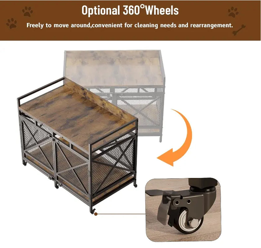 COZPAW Large Wooden Dog Crate Furniture - Stylish, Heavy Duty Indoor Kennel for Extra Large Dogs with Caster Wheels