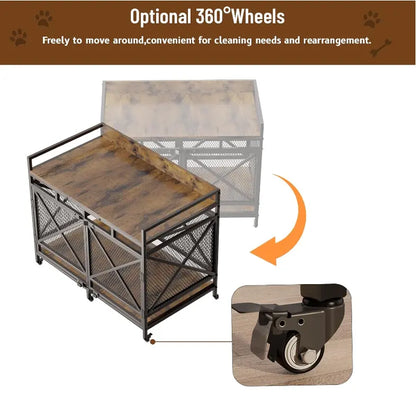 COZPAW Large Wooden Dog Crate Furniture - Stylish, Heavy Duty Indoor Kennel for Extra Large Dogs with Caster Wheels