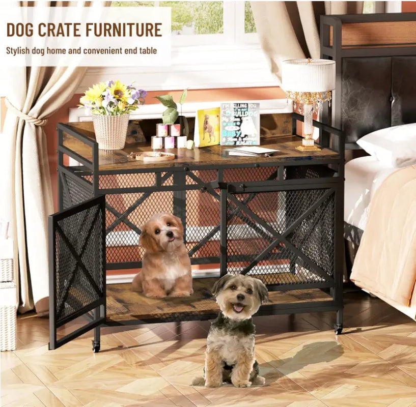 COZPAW Large Wooden Dog Crate Furniture - Stylish, Heavy Duty Indoor Kennel for Extra Large Dogs with Caster Wheels