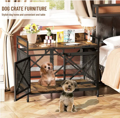 COZPAW Large Wooden Dog Crate Furniture - Stylish, Heavy Duty Indoor Kennel for Extra Large Dogs with Caster Wheels