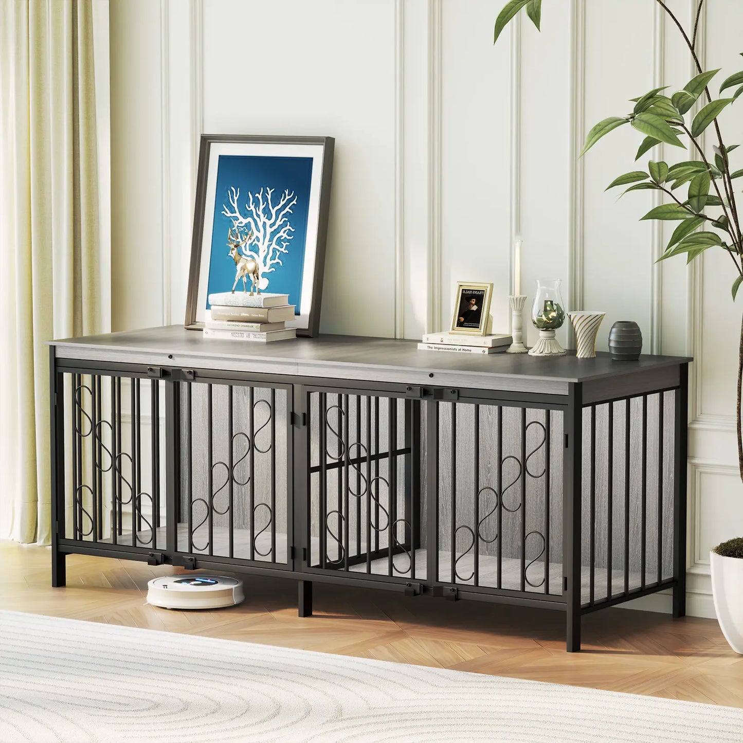 COZPAW Large Wooden Dog Crate Furniture - Stylish, Heavy Duty Indoor Kennel for Extra Large Dogs with Caster Wheels