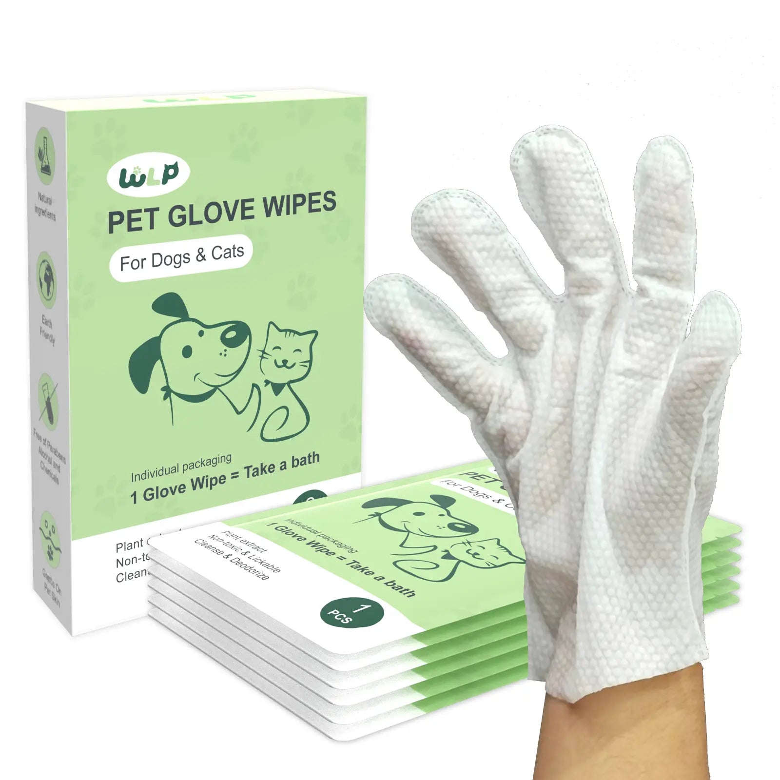 WLP Hypoallergenic Pet Glove Wipes for Dogs and Cats - No-Rinse Grooming and Bathing Wipes for Daily Care and Travel, Individually Packaged to Prevent Evaporation and Enhance Portability
