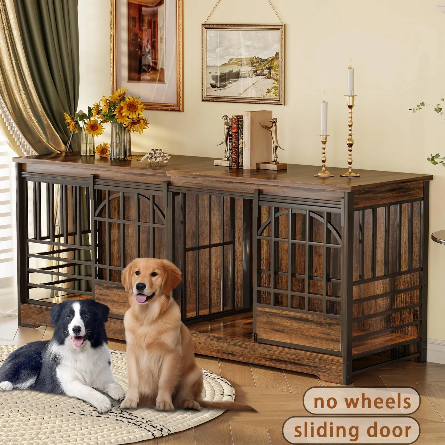 COZPAW Large Wooden Dog Crate Furniture - Stylish, Heavy Duty Indoor Kennel for Extra Large Dogs with Caster Wheels