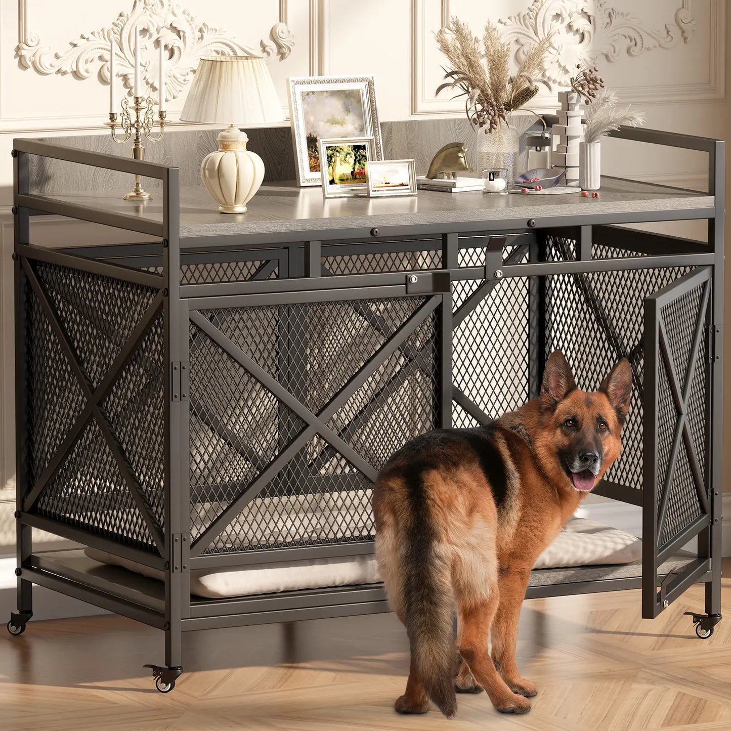 COZPAW Large Wooden Dog Crate Furniture - Stylish, Heavy Duty Indoor Kennel for Extra Large Dogs with Caster Wheels