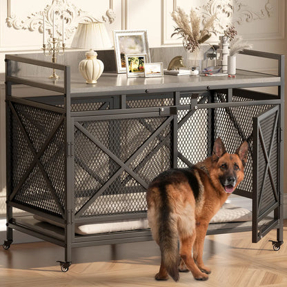 COZPAW Large Wooden Dog Crate Furniture - Stylish, Heavy Duty Indoor Kennel for Extra Large Dogs with Caster Wheels