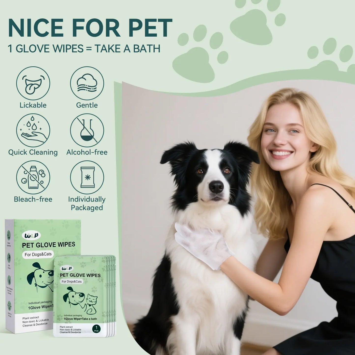 WLP Hypoallergenic Pet Glove Wipes for Dogs and Cats - No-Rinse Grooming and Bathing Wipes for Daily Care and Travel, Individually Packaged to Prevent Evaporation and Enhance Portability